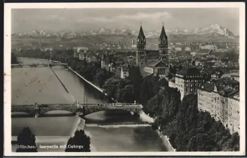 AK München, Isarpartie mit Kirche und Gebirge