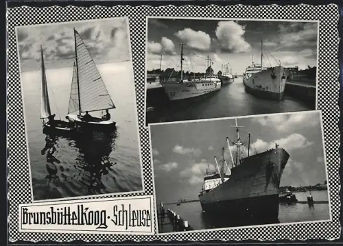 AK Brunsbüttelkoog, Schleuse-drei Ansichten von Dampfern und Segelbooten