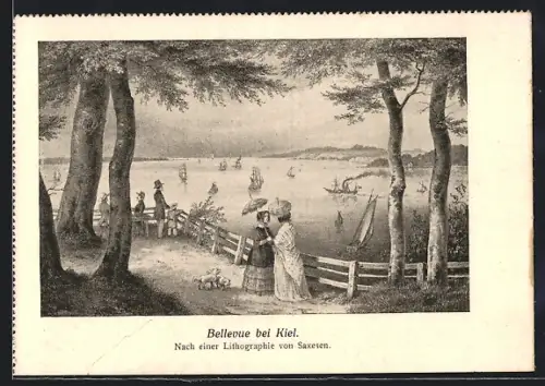 Künstler-AK Kiel, Spaziergänger am Bellevue