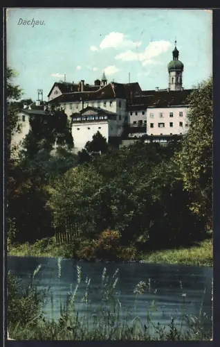 AK Dachau, Blick auf Ortspartie über Fluss