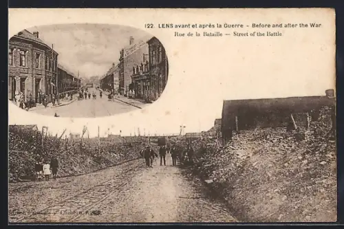 AK Lens, Rue de la Bataille avant et après la guerre