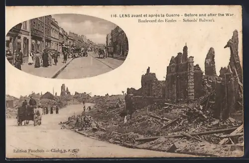 AK Lens, Boulevard des Écoles avant et après la guerre