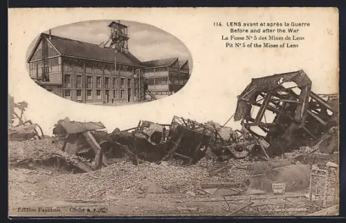 AK Lens, La Fosse N° 5 des Mines de Lens avant et après la guerre