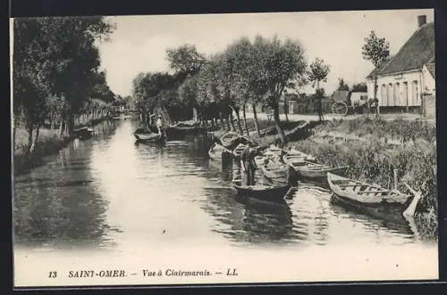 AK Saint-Omer, Vue à Clairmarais avec barques sur le canal et maison rurale