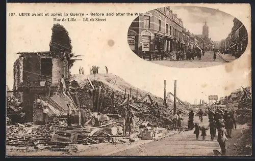 AK Lens, Rue de Lille avant et après la Guerre