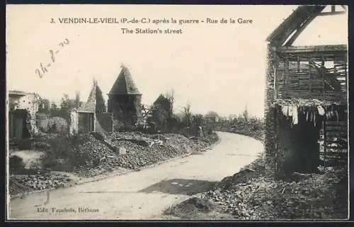 AK Vendin-le-Vieil, Rue de la Gare après la guerre