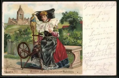 Lithographie Junge Frau am Spinnrad, Tracht Schaumburg-Lippe