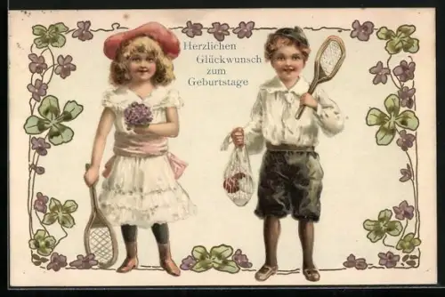 AK Mädchen und Junge mit Tennisschläger und Ballnetz