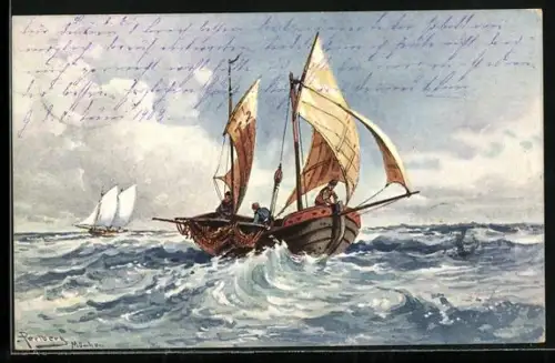 Künstler-AK F.Perlberg: Segelboot auf hoher See