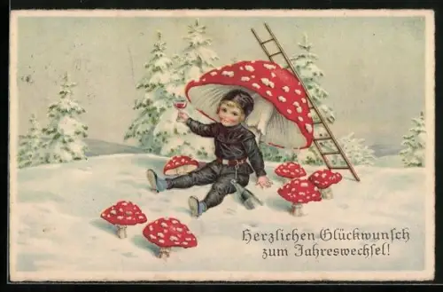 AK Kleiner Schornsteinfeger unter Fliegenpilz, Neujahrsgruss