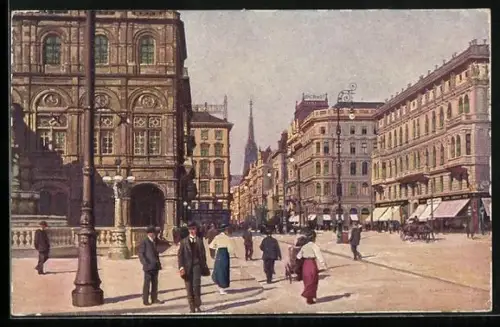 AK Wien, Kärntnerstrasse, Strassenpartie mit Passanten und Kirchturm