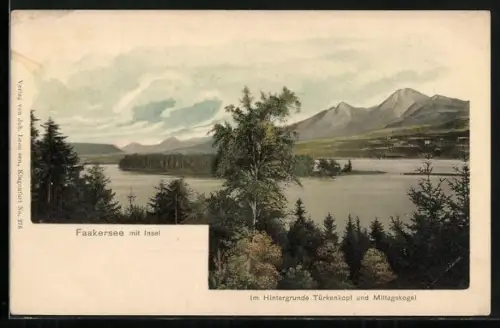AK Faakersee, Gesamtansicht mit Insel, Türkenkopf und Mittagskogel