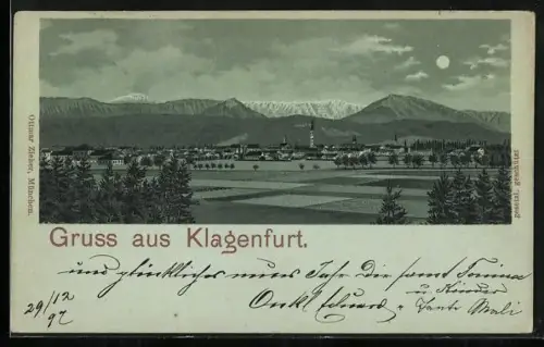 Lithographie Klagenfurt, Panoramablick auf Ort und Gebirge