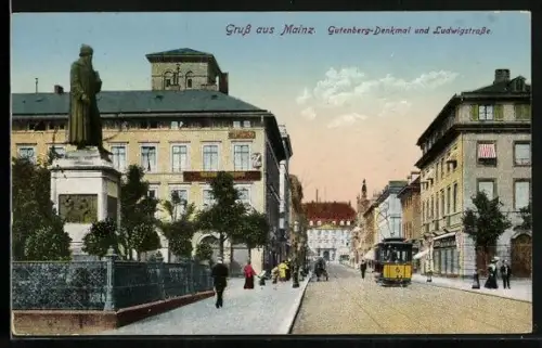AK Mainz, Strassenbahn auf der Ludwigsstrasse am Gutenbergdenkmal