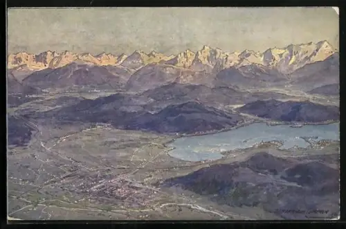 Künstler-AK Edward Harrison Compton: Klagenfurt, aus der Vogelschau mit Wörthersee und Karawanken