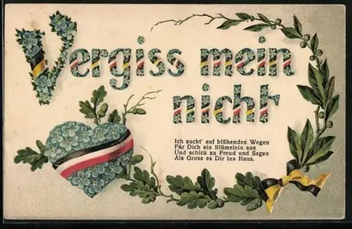 AK Herz aus Vergissmeinnicht und Kranz aus Lorbeer und Eichenlaub