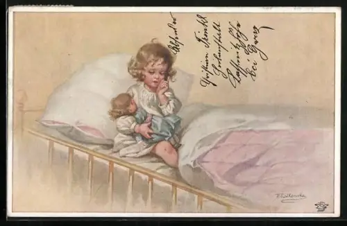 Künstler-AK Wally Fialkowska: Du schaust mich an und lächelst dazu..., Kind mit Puppe