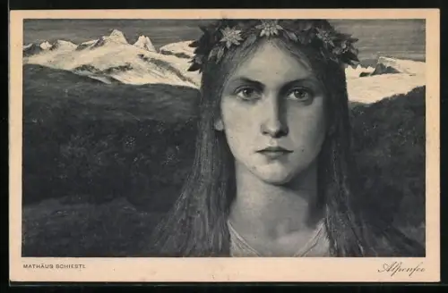 Künstler-AK Matthäus Schiestl: Alpenfee, Junge Frau mit Blumenkranz