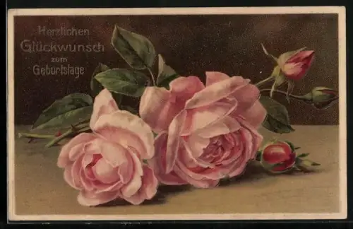 AK Glückwunsch zum Geburtstag, zwei rosa blühende Rosen