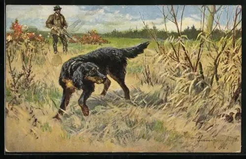 AK Jagd, Jäger mit Gewehr und Jagdhund auf dem Feld