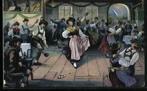 AK Schuhplattler, Paare in bayerischer Trachtenkleidung beim Tanz im Wirtshaus