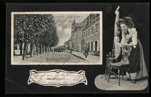 AK Neubreisach, Musikkapelle auf der Strassburgerstrasse, Mädchen am Spinnrad