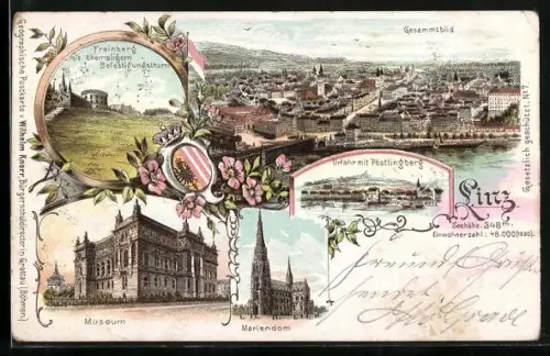 Lithographie Linz, Museum, Mariendom, Urfahr mit Pöstlingberg