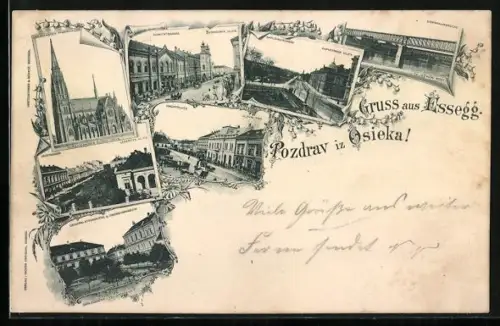 AK Essegg / Osieka, Kapuzinergasse, Jägergasse, Generalatskaserne, Pfarrkirche, Eisenbahnbrücke