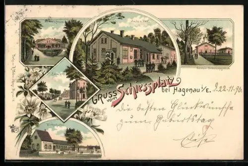 Lithographie Hagenau, Schiessplatz, Offizierscasino, Wache und Post, Wirtschaften, Blumen, Um 1900