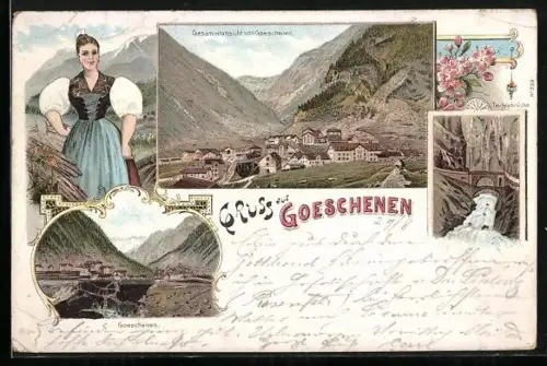 Lithographie Goeschenen, Teufelsbrücke, Ortsansicht aus der Vogelschau