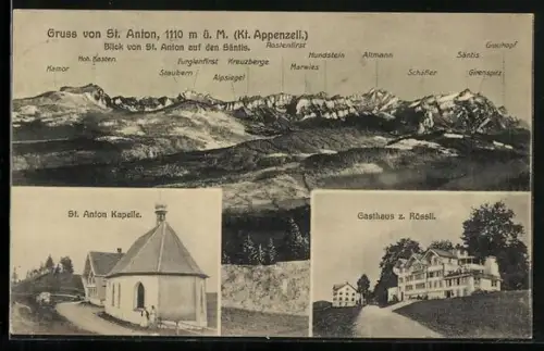 AK St. Anton, St. Anton Kapelle, Gasthaus z. Rössli, Alpenpanorama