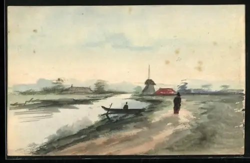 Künstler-AK Handgemalt: Personen vor der Ortschaft