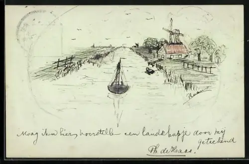 Künstler-AK Handgemalt: Flusslandschaft mit Windmühle und Segelboot