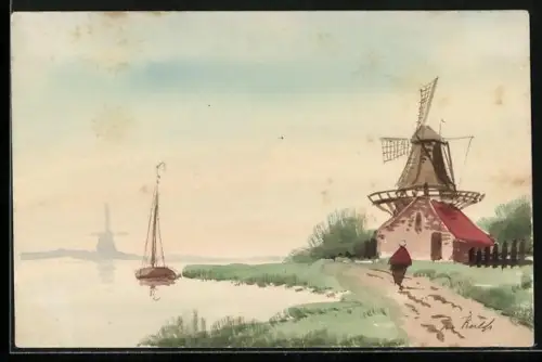 Künstler-AK Handgemalt: Flusslandschaft mit Windmühlen