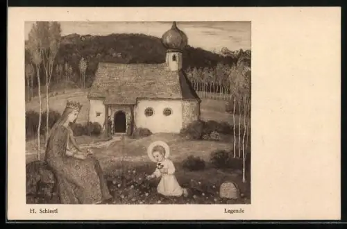 Künstler-AK Matthäus Schiestl: Heilige mit Kirche