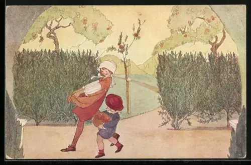 Künstler-AK Rie Cramer: Lentebloemen, Oogst, Kinder mit Äpfeln