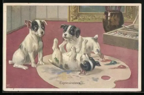 Künstler-AK Brüder Kohn (B.K.W.I) Nr.853-3: Expressionisten, Welpen auf einer grossen Malerpalette