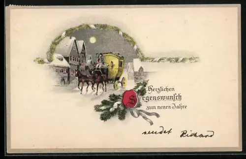 AK Postkutsche auf verschneiter Strasse bei Mondschein, Neujahrsgruss