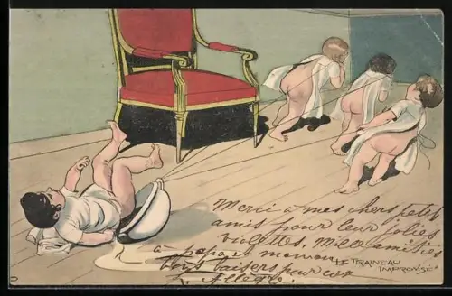 Künstler-AK Kinder ziehen einem anderen das Töpfchen weg