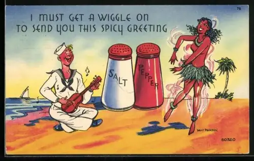 AK Matrose spielt für Hula-Tänzerin am Strand Gitarre, Erotik