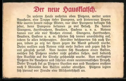 AK Der neue Hausklatsch, In unserm Hause wohnten oben Pietzens..., Erotik