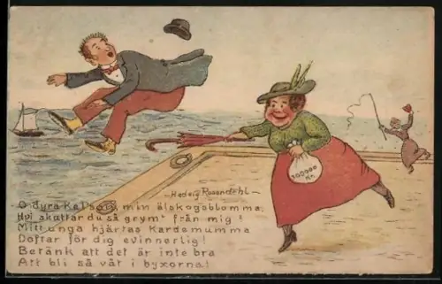 AK Frau mit Geldsack scheucht Mann ins Wasser, frauenfeindlicher Humor