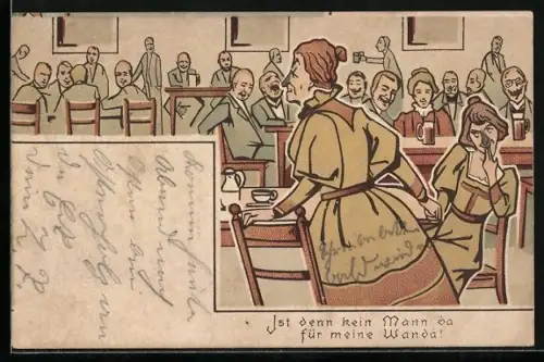 AK Ältere Frau sucht im Gasthaus einen Mann, frauenfeindlicher Humor