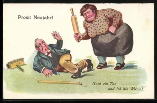 AK Dicke Frau droht Mann mit einem Nudelholz, frauenfeindlicher Humor