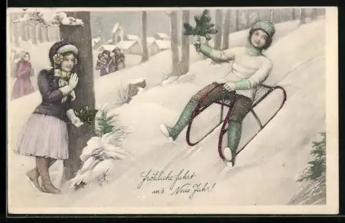 AK Junger Mann fährt im Winter Schlitten, Neujahrsgruss