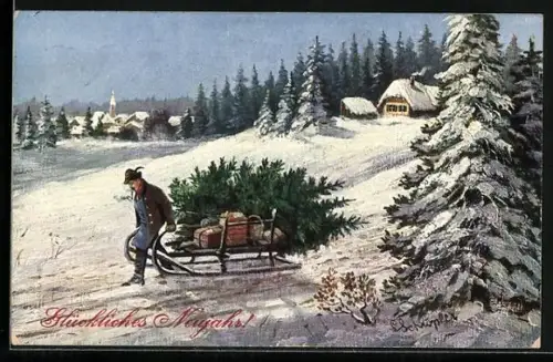 AK Mann mit Paketen und Tannenbaum auf Schlitten, Neujahrsgruss