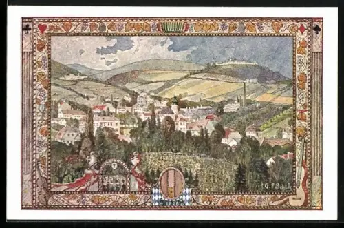 Künstler-AK Wien, Grinzing mit Kobenzl und Kahlenberg, Festkarte des 10. Deutschen Sängerbundesfestes 1928