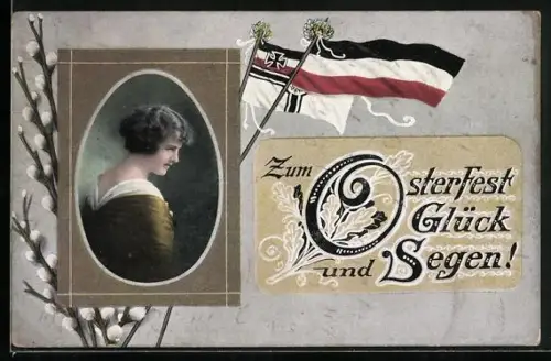 AK Frauenportrait mit Kätzchenzweig und Fahnen, Ostergruss