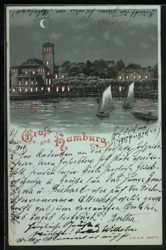 Mondschein-Lithographie Hamburg, Uhlenhorst mit leuchtenden Fenstern, Halt gegen das Licht