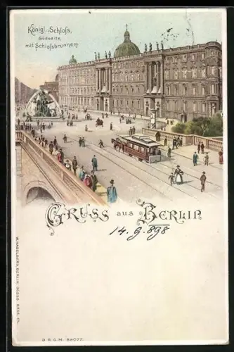 Lithographie Berlin, Königl. Schloss mit Schlossbrunnen, Leuchtende Fenster im Gegenlicht, Halt gegen das Licht